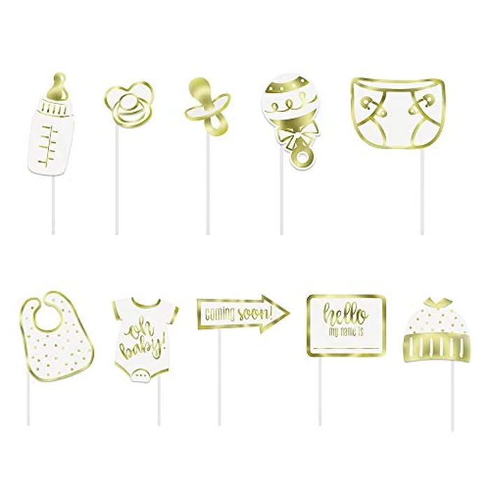 Unique Gold Baby Shower Photo Booth Props (Pack of 10) - Durable & Elegant Foil Stamping Props, Perfect For Baby Showers & Celebrations by Unique - Used - Like New condition - US$8.43