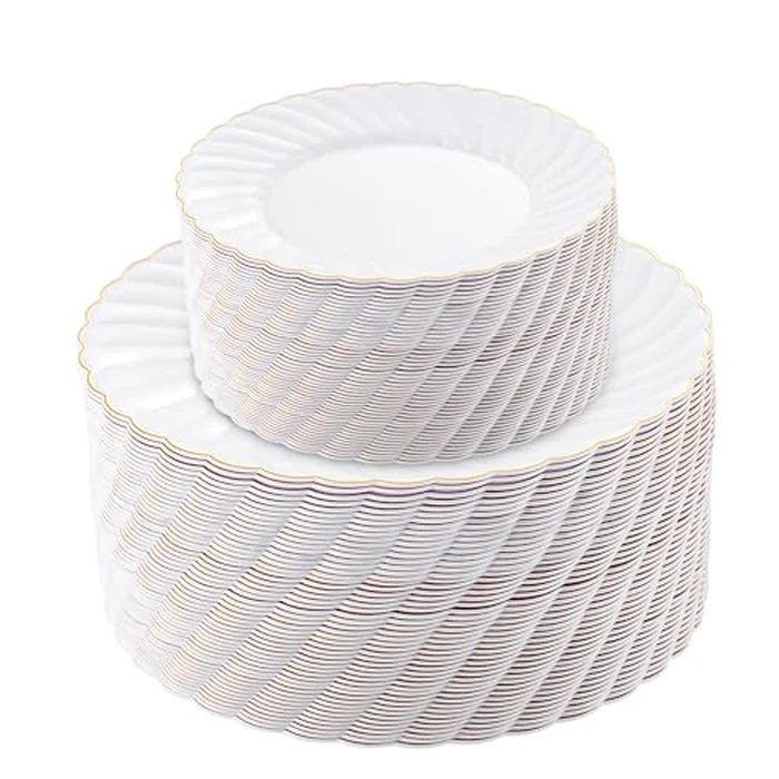 U-QE 100 Pieces Gold Plastic Plates - Premium White Plastic Plates for Party, Wedding and Daily Use Including 50PCS 9 '' Plastic Dinner Plates & 50PCS 6.5 '' Plastic Dessert Plates by U-QE - Used - Very Good condition