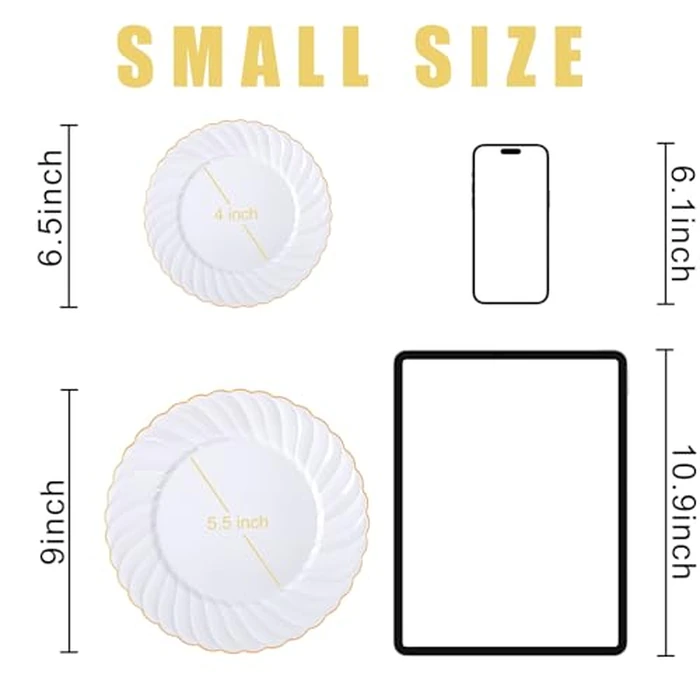 U-QE 100 Pieces Gold Plastic Plates - Premium White Plastic Plates for Party, Wedding and Daily Use Including 50PCS 9 '' Plastic Dinner Plates & 50PCS 6.5 '' Plastic Dessert Plates by U-QE - Image 2