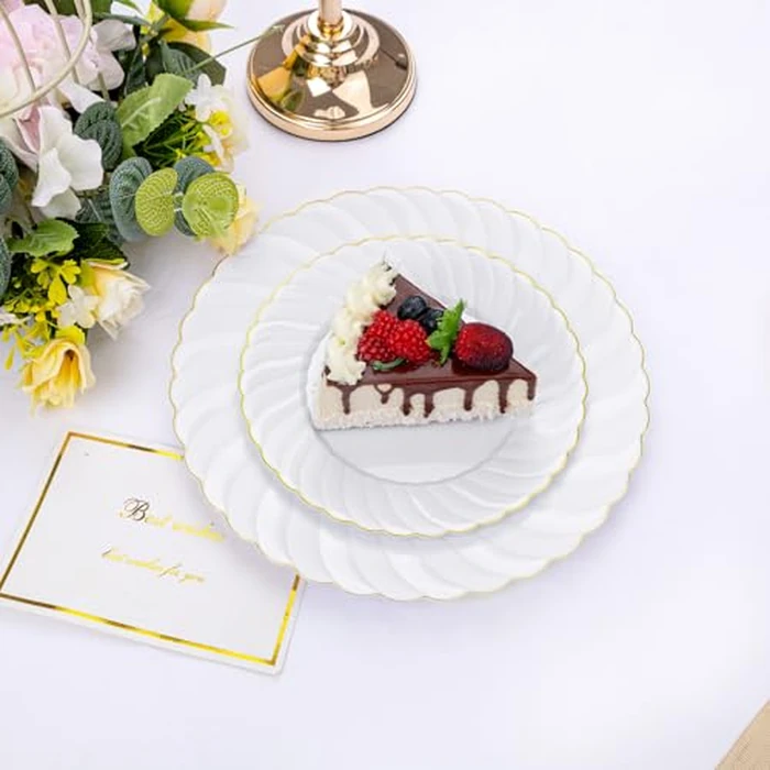 U-QE 100 Pieces Gold Plastic Plates - Premium White Plastic Plates for Party, Wedding and Daily Use Including 50PCS 9 '' Plastic Dinner Plates & 50PCS 6.5 '' Plastic Dessert Plates by U-QE - Image 3