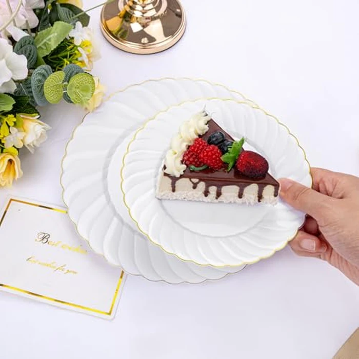 U-QE 100 Pieces Gold Plastic Plates - Premium White Plastic Plates for Party, Wedding and Daily Use Including 50PCS 9 '' Plastic Dinner Plates & 50PCS 6.5 '' Plastic Dessert Plates by U-QE - Image 4