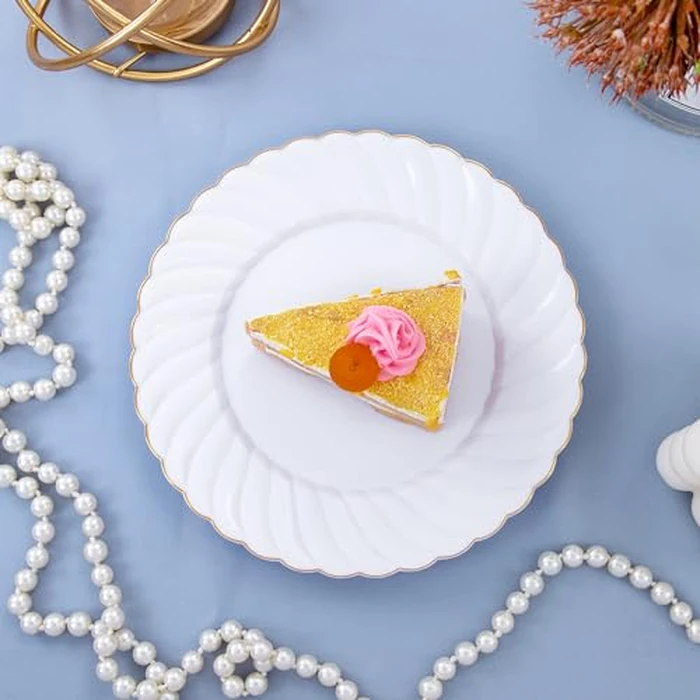 U-QE 100 Pieces Gold Plastic Plates - Premium White Plastic Plates for Party, Wedding and Daily Use Including 50PCS 9 '' Plastic Dinner Plates & 50PCS 6.5 '' Plastic Dessert Plates by U-QE - Image 5