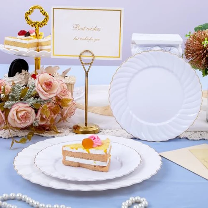 U-QE 100 Pieces Gold Plastic Plates - Premium White Plastic Plates for Party, Wedding and Daily Use Including 50PCS 9 '' Plastic Dinner Plates & 50PCS 6.5 '' Plastic Dessert Plates by U-QE - Image 6