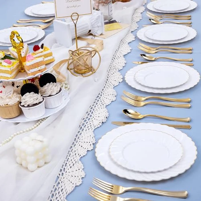 U-QE 100 Pieces Gold Plastic Plates - Premium White Plastic Plates for Party, Wedding and Daily Use Including 50PCS 9 '' Plastic Dinner Plates & 50PCS 6.5 '' Plastic Dessert Plates by U-QE - Image 7