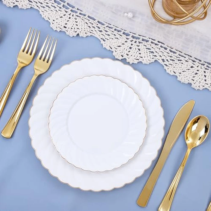 U-QE 100 Pieces Gold Plastic Plates - Premium White Plastic Plates for Party, Wedding and Daily Use Including 50PCS 9 '' Plastic Dinner Plates & 50PCS 6.5 '' Plastic Dessert Plates by U-QE - Image 8