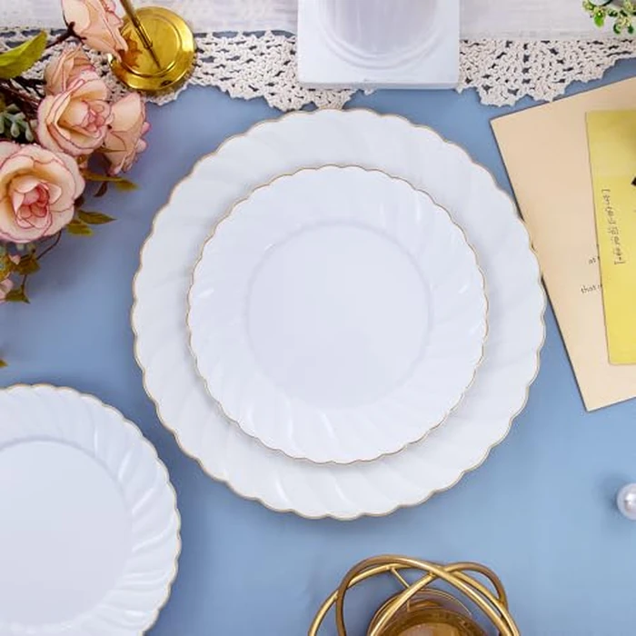 U-QE 100 Pieces Gold Plastic Plates - Premium White Plastic Plates for Party, Wedding and Daily Use Including 50PCS 9 '' Plastic Dinner Plates & 50PCS 6.5 '' Plastic Dessert Plates by U-QE - Image 9