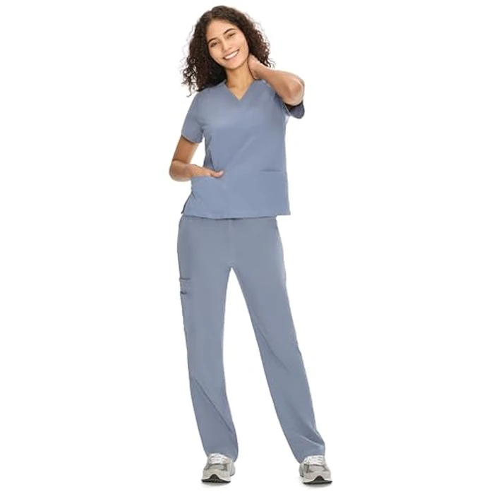 COZYFIT Scrubs for Women Set Medical Uniform - V-Neck Top & Straight Leg Pants with 9 Pockets, Unisex Workwear COZY SCRUBS, Rock Grey, M, Tall by COZYFIT - Image 2