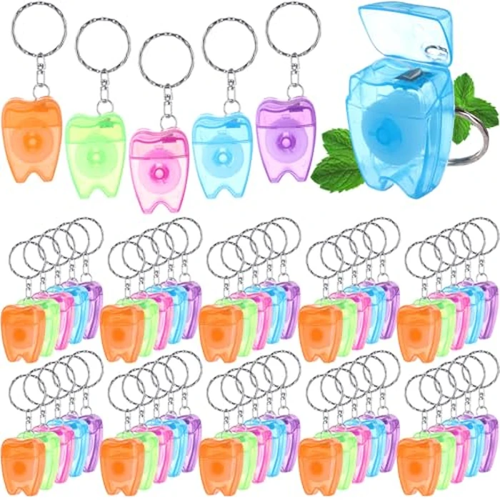 Landical 100 Pcs Mini Dental Floss Keychain Bulk Tooth Shaped Portable Floss Cleaning for Travel Homeless Donated Gifts Teeth Cleaning Oral Care 15 M /16.4 Yard (Multicolor) by Landical - Image 1