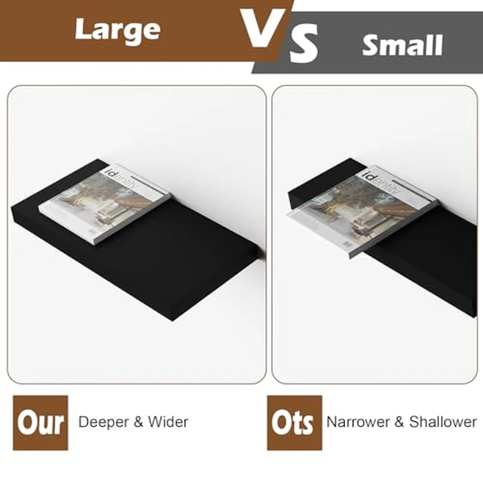 WELLAND 12" Deep Floating Wall Shelf, Black Floating Shelf Display Floating Shelf, 24" L x 12" D x 2" T, Deeper Than Others, Black by WELLAND - Image 4