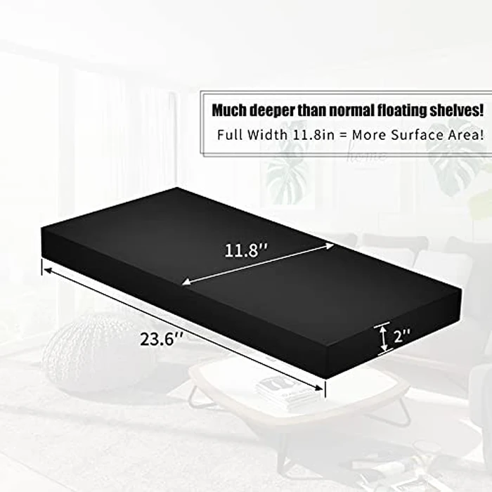 WELLAND 12" Deep Floating Wall Shelf, Black Floating Shelf Display Floating Shelf, 24" L x 12" D x 2" T, Deeper Than Others, Black by WELLAND - Image 5
