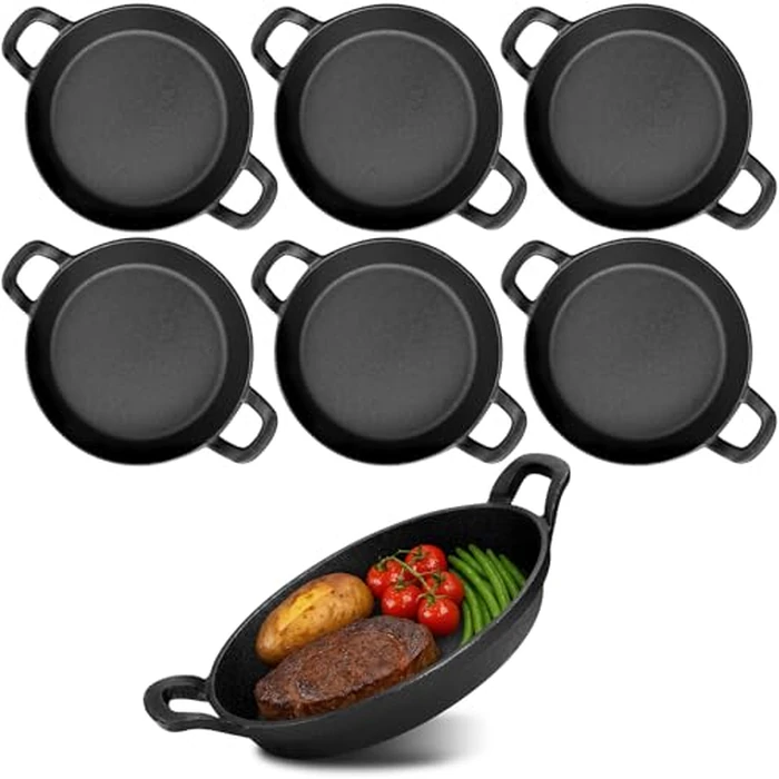 6 Pack Mini Cast Iron Skillet, 6.3 x 6.3 Inch Serving Dish with Handles, Grill Pan Heat Resistant Baking Pan Sizzling Plate Black Gratin for Home Restaurant Kitchen Food Service Barbecue by Tesion - Used - Like New condition - CA$45.88