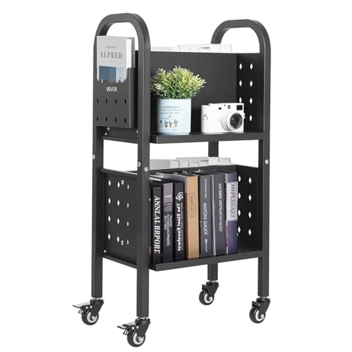 VEVOR Rolling Library Book Cart, 150 lbs Capacity, 17.7 x 13.0 x 34.6-Inch Library Cart, Double Sided L-Shaped Shelves with 2-Inch Lockable Wheels, Book Truck for Home Shelves Office and School, Black by VEVOR - Image 1