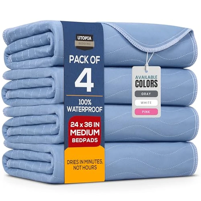 Utopia Bedding Washable Underpads 24" x 36" (Pack of 4), Waterproof Reusable Heavy Absorbency Incontinence Bed Pads for Adults, Kids, Elderly and Pets, Bedwetting Pads for Sofa and Couch (Blue) by Utopia Bedding - Used - Like New condition - US$18.56