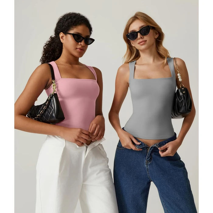 QINSEN Women's Square Neck Sleeveless Double-Layer Pinkk Tops Basic Tight T Shirts Pink S by QINSEN - Used - Like New condition - US$17.48