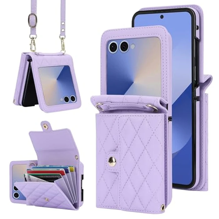 XIMAND for Samsung Galaxy Z Flip 7 Accordion Crossbody Wallet Case, 4 Card Slots, RFID Blocking, and Adjustable Strap - Stylish and Versatile Accessory.(Purple) by XIMAND - Used - Like New condition
