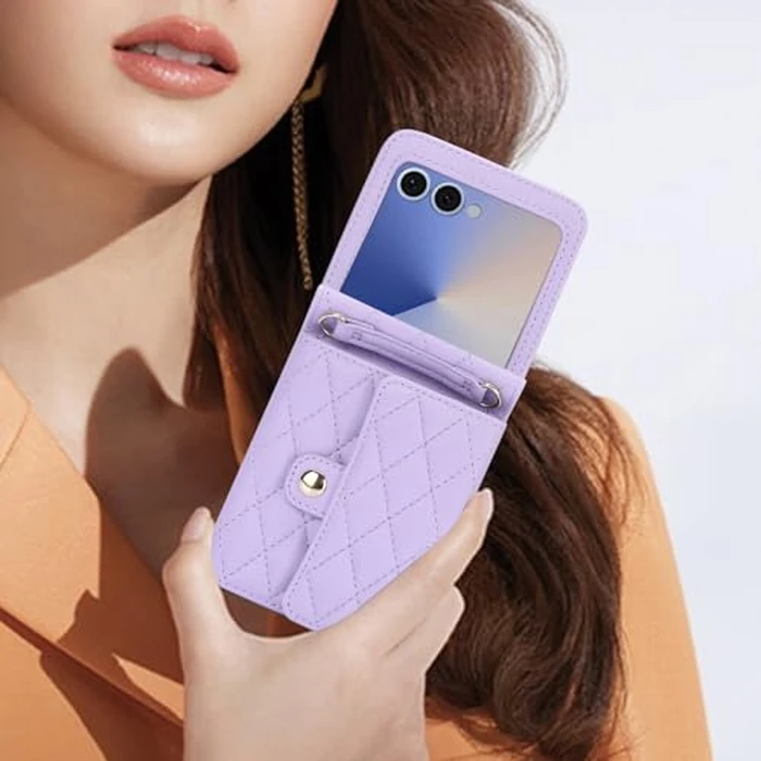 XIMAND for Samsung Galaxy Z Flip 7 Accordion Crossbody Wallet Case, 4 Card Slots, RFID Blocking, and Adjustable Strap - Stylish and Versatile Accessory.(Purple) by XIMAND - Image 8