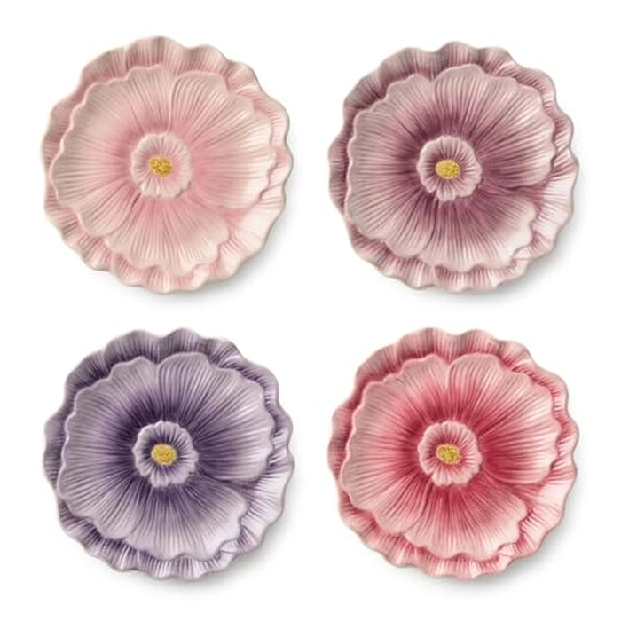Wildflowers 3‑D Ceramic DESSERT/SALAD PLATES, SET OF 4, 6‑inch sculpted floral plates with raised petals and botanical detail, ideal for desserts, pastries, snacks, tea‑time by Certified International - Used - Very Good condition