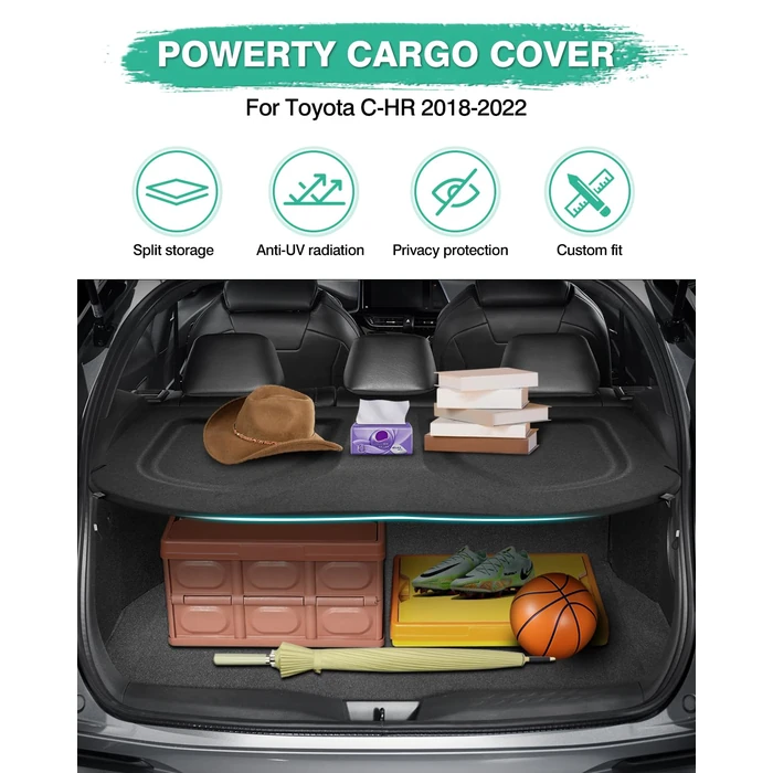 Powerty Cargo Cover for Toyota C-HR 2018-2022 Accessories Trunk Security Shield Shade CHR Trunk Cover Black (Can Withstand The Load) by Powerty - Image 2