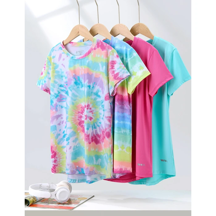4 Pack: Youth Girls Athletic Shirts, Short Sleeve Dry Fit Apparel Tech Tshirts, Sports Activewear for Kids Teens (Set 6, Youth Medium) by Liberty Pro - Image 3