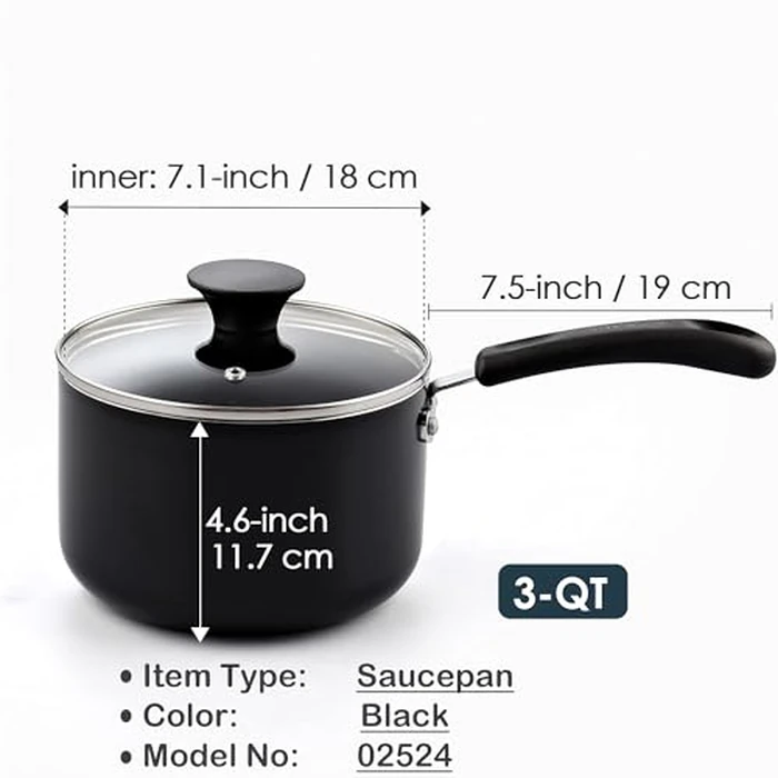 Cook N Home Nonstick Sauce Pan with Glass Lid 3-QT, Multi-Purpose Pot Saucepan Kitchenware, Black, Aluminum by Cook N Home - Image 2