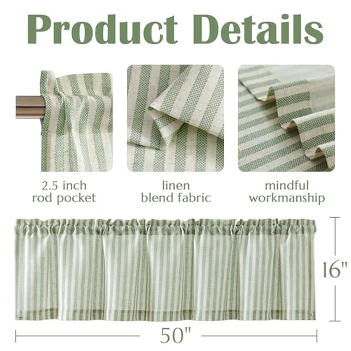 jinchan Valance Curtain Linen Textured Striped Window Curtain for Living Room Light Filtering Farmhouse Valance for Kitchen Rod Pocket 1 Panel 16 Inch Sage Green on Linen 1 Panel by jinchan - Image 7