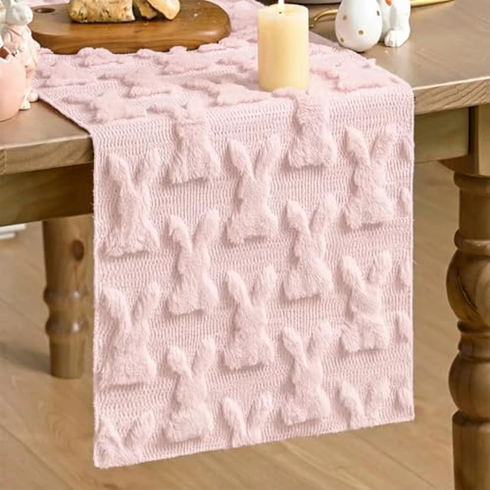 Artoid Mode Pink Soft Plush Faux Fur Jacquard Bunny Rabbit Easter Table Runner, Seasonal Kitchen Dining Table Decoration for Home Party Decor 13x72 Inch by Artoid Mode - Used - Like New condition