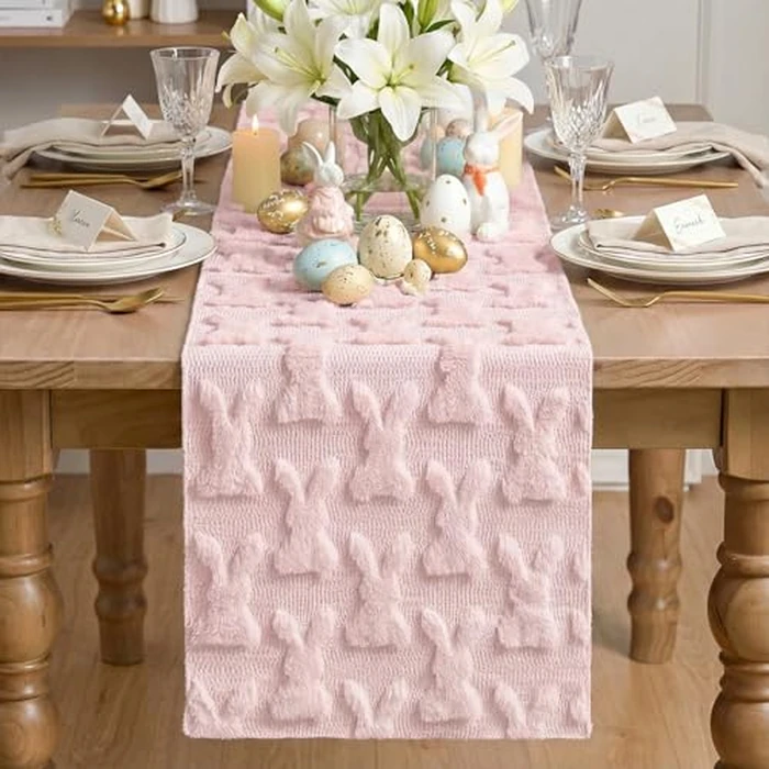 Artoid Mode Pink Soft Plush Faux Fur Jacquard Bunny Rabbit Easter Table Runner, Seasonal Kitchen Dining Table Decoration for Home Party Decor 13x72 Inch by Artoid Mode - Image 2