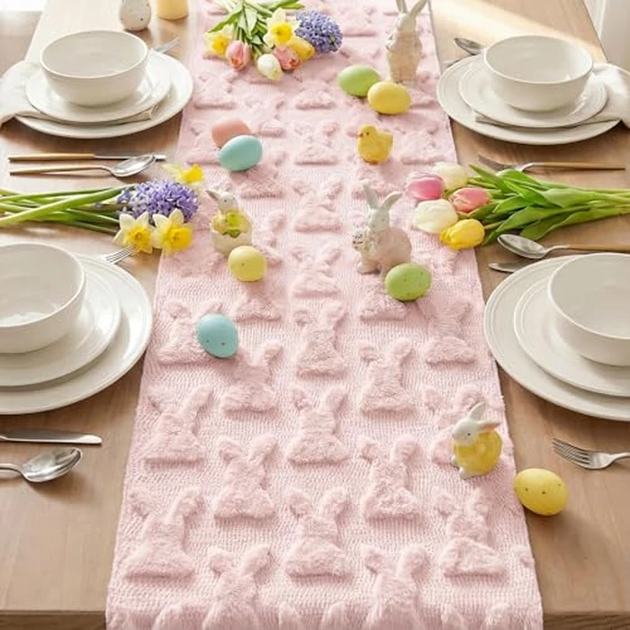 Artoid Mode Pink Soft Plush Faux Fur Jacquard Bunny Rabbit Easter Table Runner, Seasonal Kitchen Dining Table Decoration for Home Party Decor 13x72 Inch by Artoid Mode - Image 3