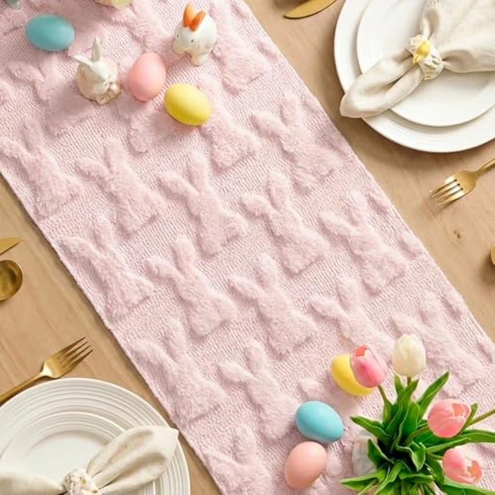 Artoid Mode Pink Soft Plush Faux Fur Jacquard Bunny Rabbit Easter Table Runner, Seasonal Kitchen Dining Table Decoration for Home Party Decor 13x72 Inch by Artoid Mode - Image 4
