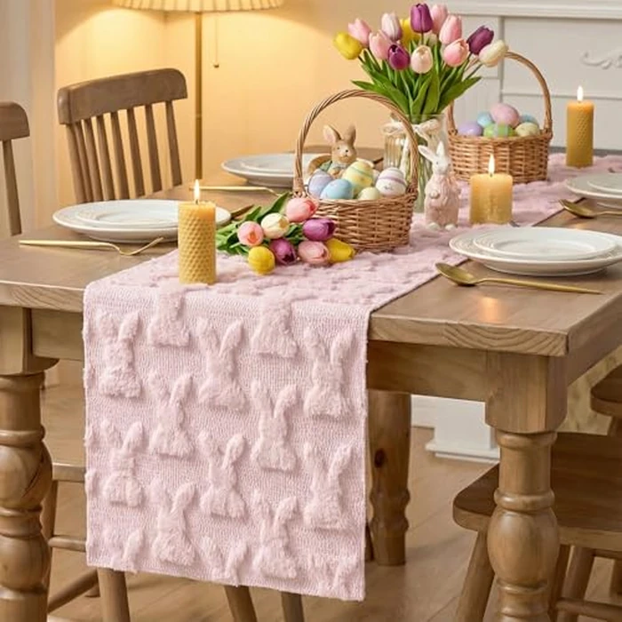 Artoid Mode Pink Soft Plush Faux Fur Jacquard Bunny Rabbit Easter Table Runner, Seasonal Kitchen Dining Table Decoration for Home Party Decor 13x72 Inch by Artoid Mode - Image 5