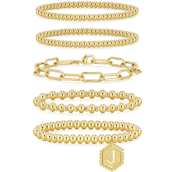 adoyi Gold Beaded Bracelets for Women, 14K Gold Plated Bracelet Stack Dainty Initial Stackable Stretch Bead Ball Letter J Strand Bracelet Set Adjustable Jewelry Sets Gift for Women by adoyi - Used - Very Good condition