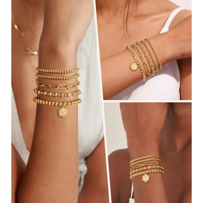 adoyi Gold Beaded Bracelets for Women, 14K Gold Plated Bracelet Stack Dainty Initial Stackable Stretch Bead Ball Letter J Strand Bracelet Set Adjustable Jewelry Sets Gift for Women by adoyi - Image 4