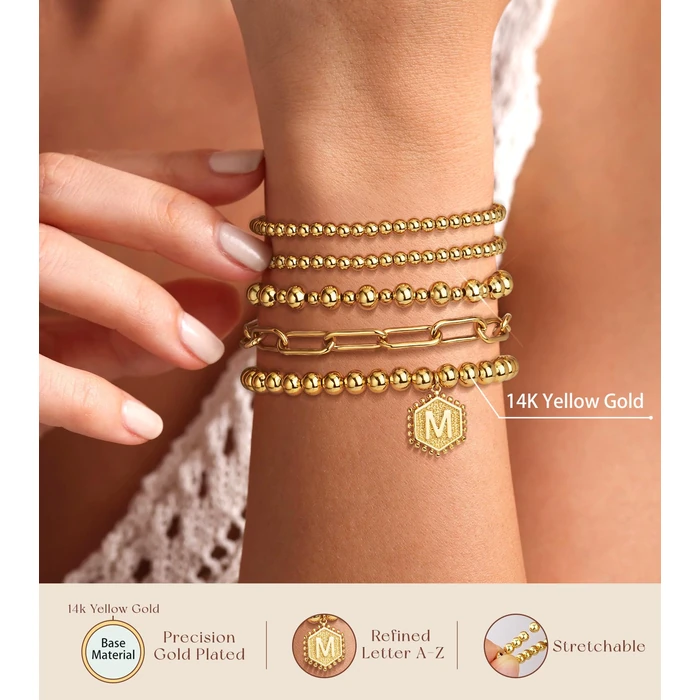 adoyi Gold Beaded Bracelets for Women, 14K Gold Plated Bracelet Stack Dainty Initial Stackable Stretch Bead Ball Letter J Strand Bracelet Set Adjustable Jewelry Sets Gift for Women by adoyi - Image 5