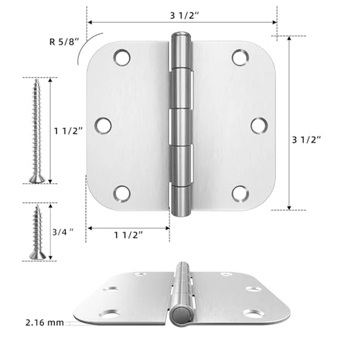 HOSOM Door Hinges Brushed Nickel Rounded 3.5 x 3.5 inch with 5/8 Radius Heavy Duty 3 1/2 Interior Door Hinges 3.5" for Doors Silver Door Hardware, 48 Pack by HOSOM - Image 2