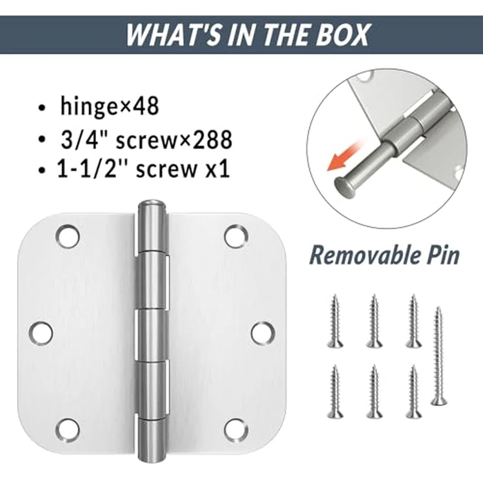 HOSOM Door Hinges Brushed Nickel Rounded 3.5 x 3.5 inch with 5/8 Radius Heavy Duty 3 1/2 Interior Door Hinges 3.5" for Doors Silver Door Hardware, 48 Pack by HOSOM - Image 3