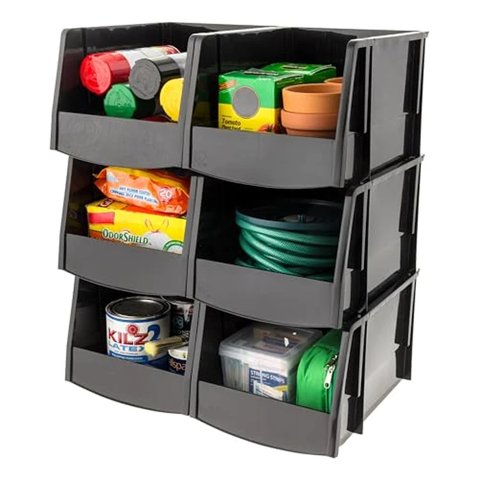 IRIS USA Extra Large Stackable Storage Bins, 6-Pack, 13"L x 10"W x 8"H, |Made in USA|, Plastic Open Front Shelf Bin for Organizing Parts, Hardware, Tools, Supplies, Garage Shelf, Pantry - Black by IRIS USA - Used - Like New condition - US$38.03
