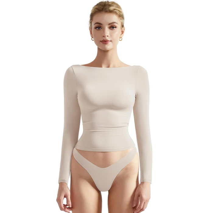 SUUKSESS Women Crew Neck Long Sleeve T Shirts Double Lined Tight Fitted Crop Top (Stone,S) by SUUKSESS - Used - Like New condition - US$22.00