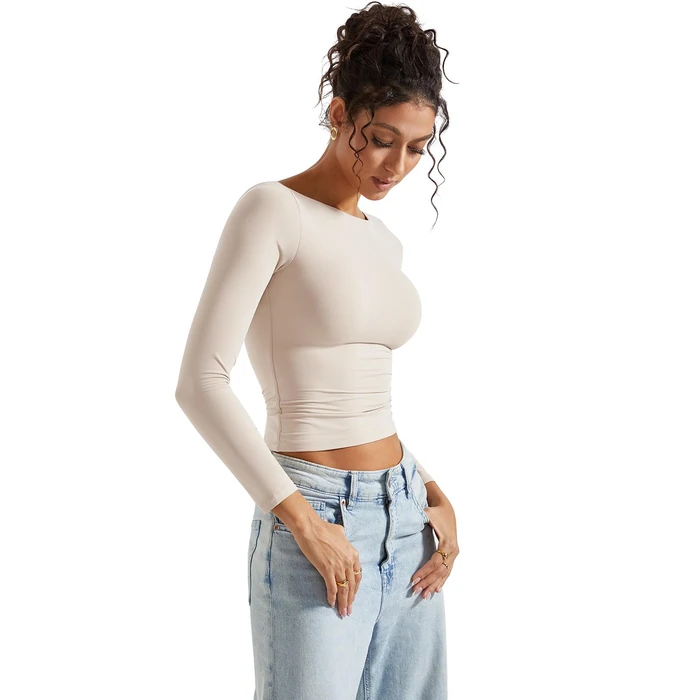 SUUKSESS Women Crew Neck Long Sleeve T Shirts Double Lined Tight Fitted Crop Top (Stone,S) by SUUKSESS - Image 3