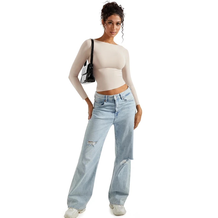 SUUKSESS Women Crew Neck Long Sleeve T Shirts Double Lined Tight Fitted Crop Top (Stone,S) by SUUKSESS - Image 5