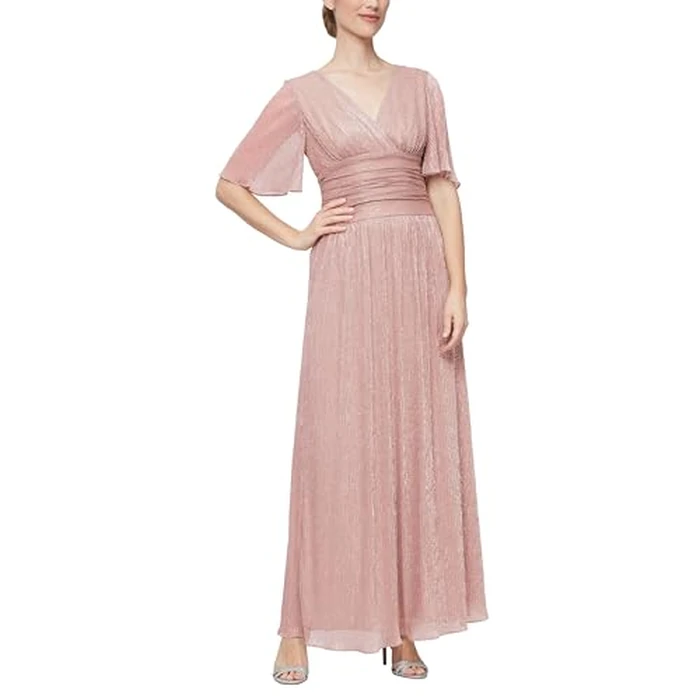 S.L. Fashions Women's Long A-line Mother of the Bride Dress with Ruched Waist (Petite and Regular Sizes), Faded Rose, 6P by S.L. Fashions - Used - Like New condition