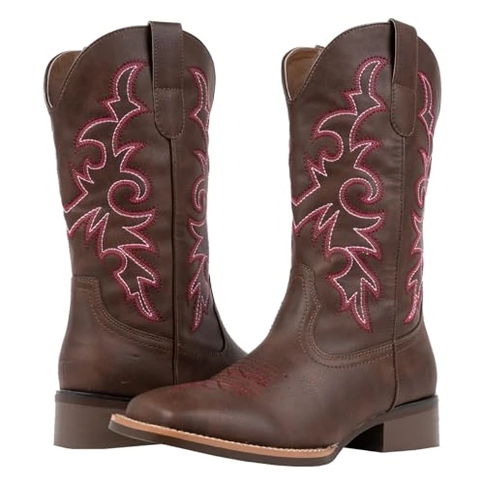 J's.o.l.e Western Wide Calf Cowboy Boots Women Wide Width Square Toe Cowgirl Boots Embroidered Riding Dark Brown Boot US Size 9.5 Wide by J's.o.l.e - Used - Very Good condition - US$59.24