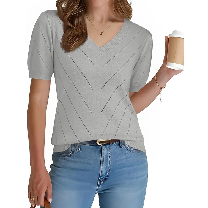 LOMON Tops for Women Trendy Womens Puff Short Sleeve Lightweight Knit Sweater Dressy V Neck Work Blouse Business Casual Outfits 2026 (Grey,M) by LOMON - Image 4