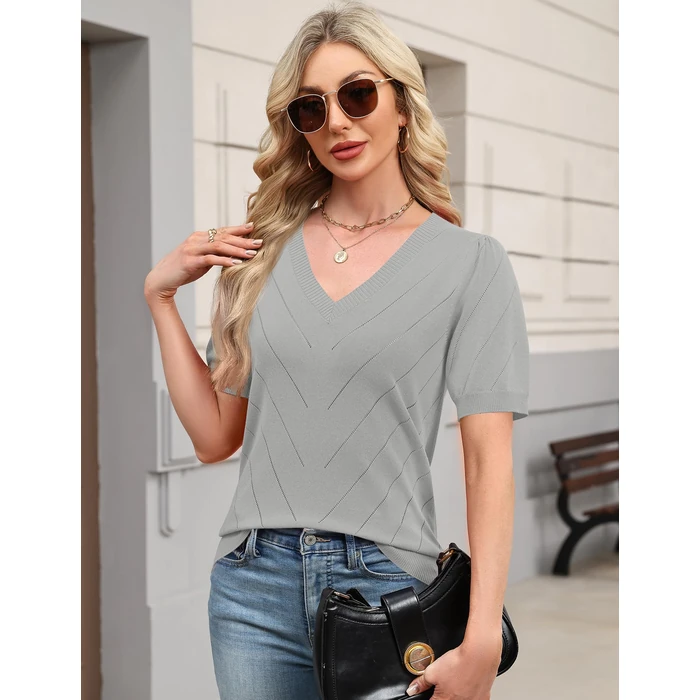 LOMON Tops for Women Trendy Womens Puff Short Sleeve Lightweight Knit Sweater Dressy V Neck Work Blouse Business Casual Outfits 2026 (Grey,M) by LOMON - Image 7