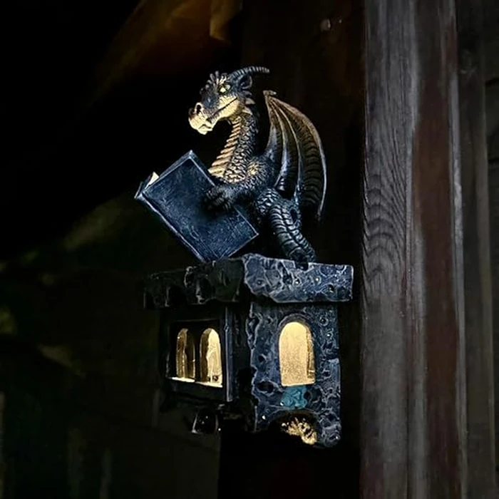 Garden Dragon Statue Tree Hugger Solar Powered Outdoor Figurine Wall Hanging Decor Cute and Reading Magic Book Resin Sculpture Home Decoration Porch Patio Lawn Farm Yard Housewarming Ornament Gift by Jy.Cozy - Image 1