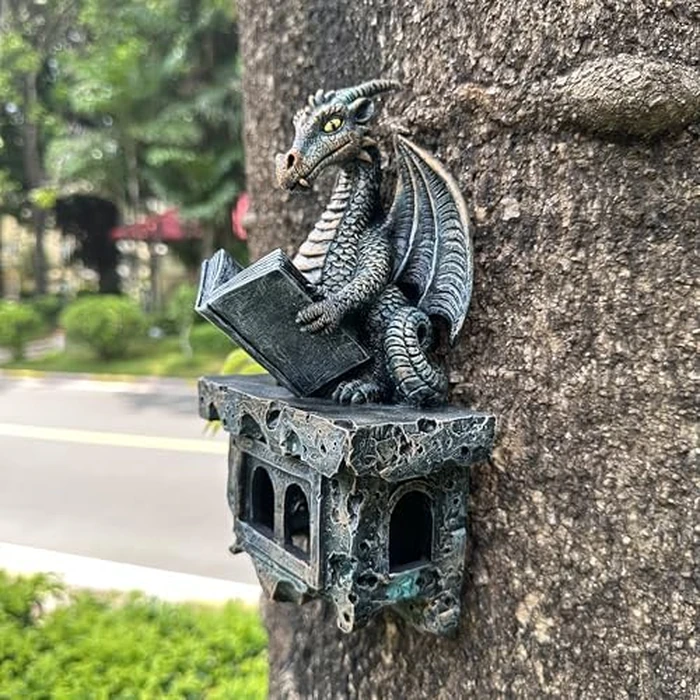 Garden Dragon Statue Tree Hugger Solar Powered Outdoor Figurine Wall Hanging Decor Cute and Reading Magic Book Resin Sculpture Home Decoration Porch Patio Lawn Farm Yard Housewarming Ornament Gift by Jy.Cozy - Image 2