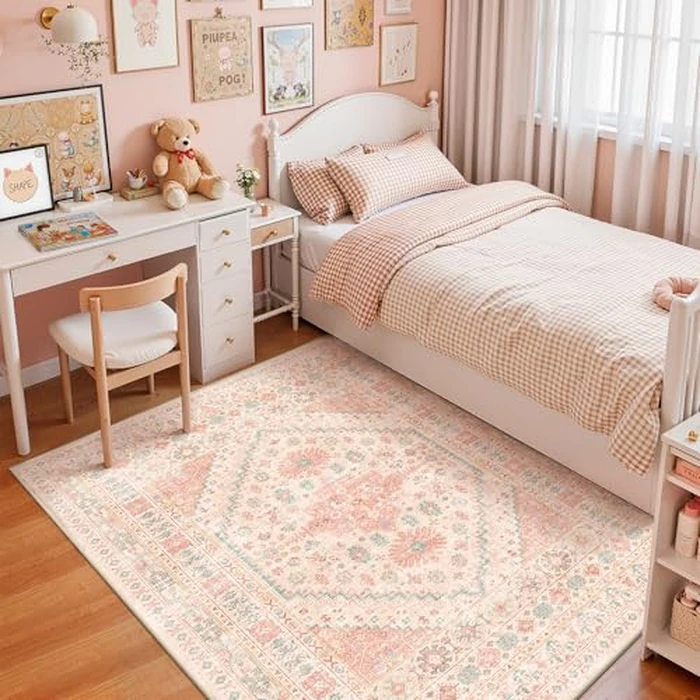 zesthome 6x9 Washable Rugs for Baby Girl, Super Soft Pink Rugs for Nursery Room, Non-Slip Stain Resistant Bedroom Rugs, Ultra-Thin Large Area Rugs (Pink/Blue,6'x9') by zesthome - Used - Like New condition