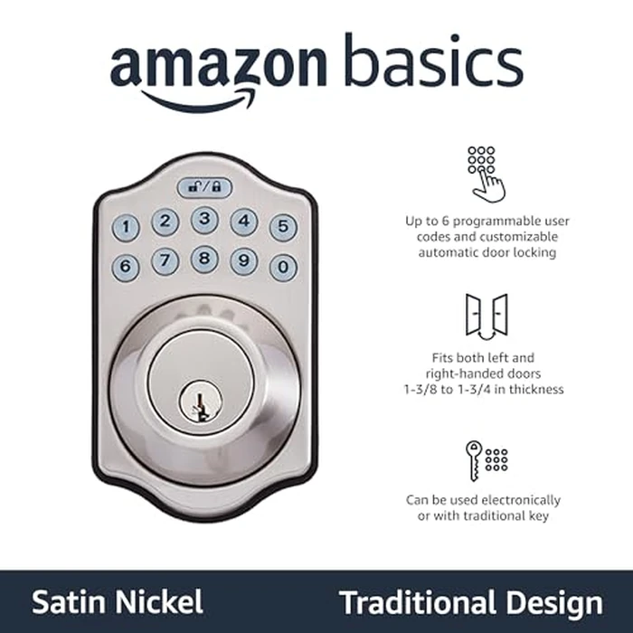 Amazon Basics Electronic Keypad Deadbolt Door Lock with Auto Lock, Customizable User Codes, One-time Codes, Touch-Control Keyless Entry, Traditional, Satin Nickel, 1-Pack by Amazon Basics - Used - Acceptable condition - US$23.04