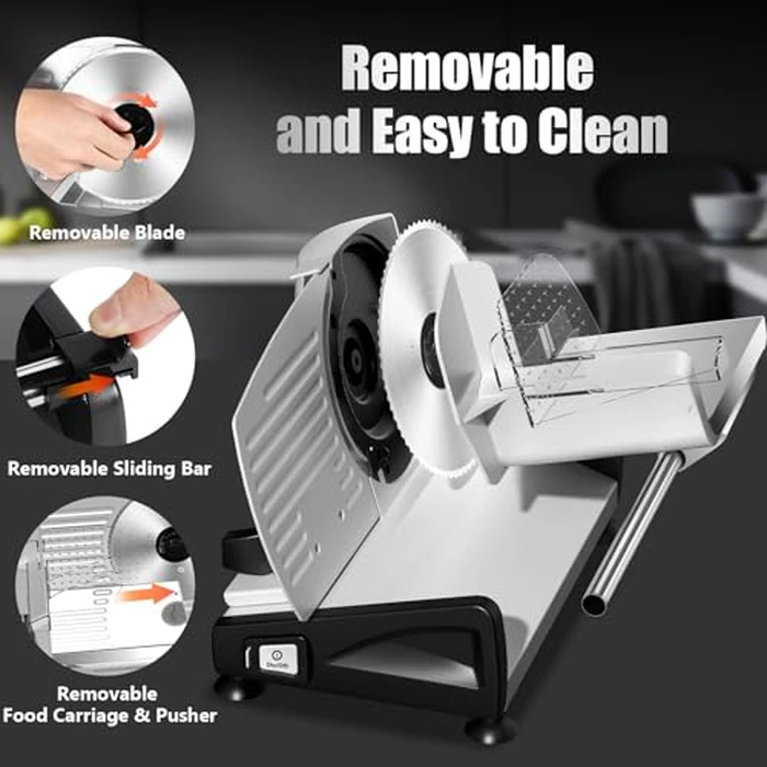 OSTBA Meat Slicer with Quiet DC Motor, 200W Electric Deli Slicer, Dual 7.5'' Stainless Steel Blades, 0-15mm Adjustable Thickness, Easy to Clean, Ideal for Meat, Cheese, Bread, and Vegetables by OSTBA - Image 5
