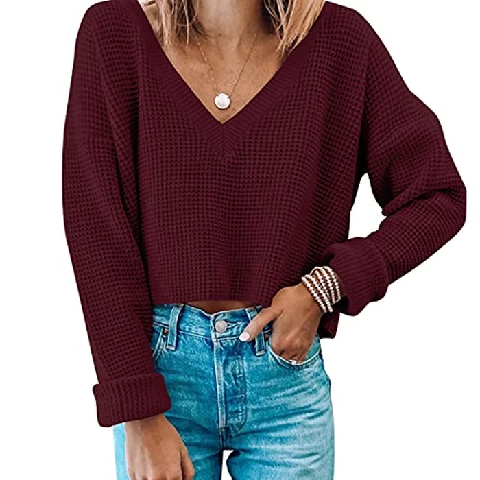 Womens V Neck Long Sleeve Tops Crop Waffle Knit Crepped Casual Loose Pullover Crop Sweater XS Wine red by Jumppmile - Used - Very Good condition
