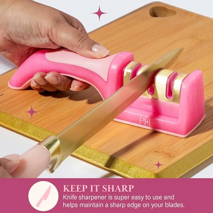 Paris Hilton 3-Stage Knife Sharpener, Professional Kitchen Knife Sharpener with Ergonomic Handle, Non-Slip Base, and Coarse, Medium, Fine Sharpening Stages, Pink by Paris Hilton - Image 3